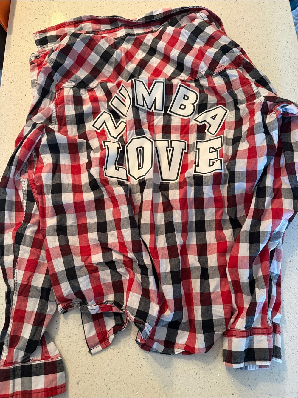 Zumba Fitness Red Black White Plaid Button-Down Shirt with ZUMBA LOVE Graphic